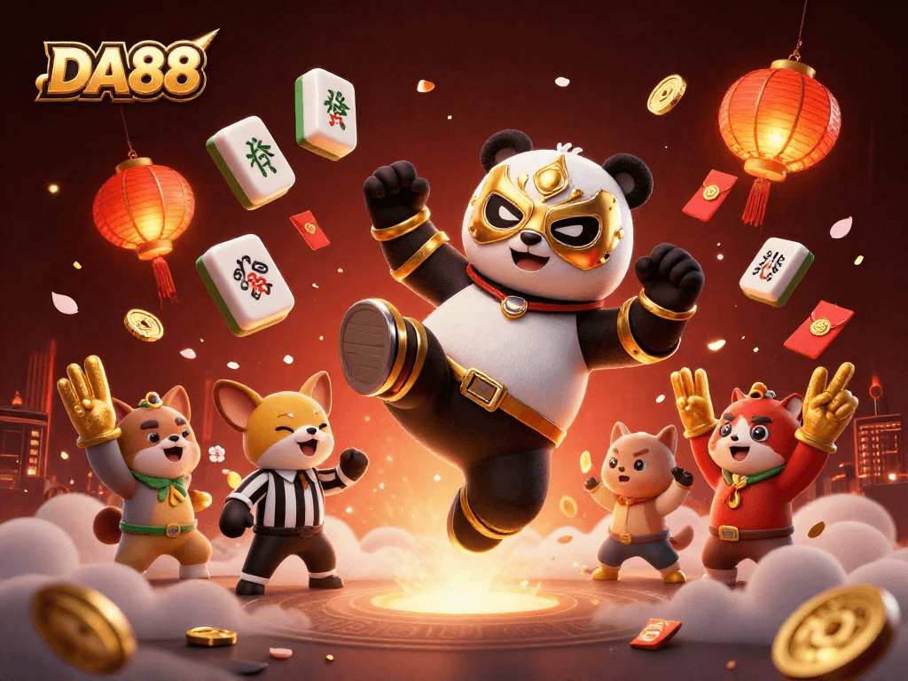 Experience the thrill of DA88 as a panda wrestler delivers a flying kick amid a vibrant casino celebration.