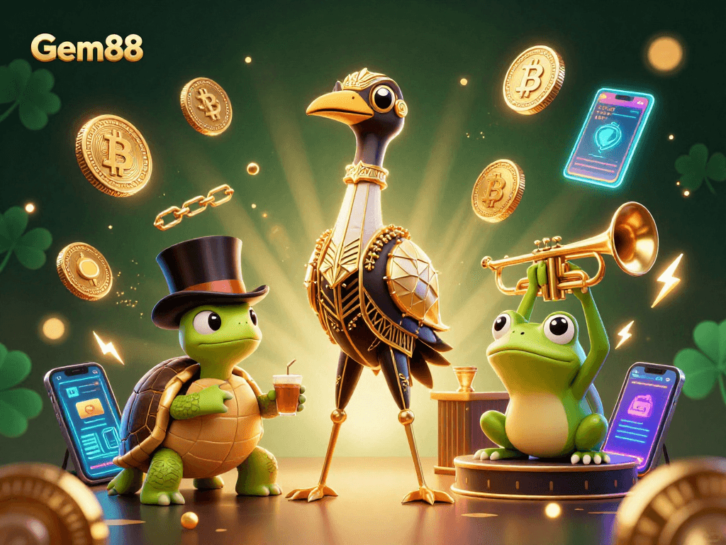 Experience thrilling Gem88 gaming with lively characters and dynamic crypto elements in a vibrant casino setting.