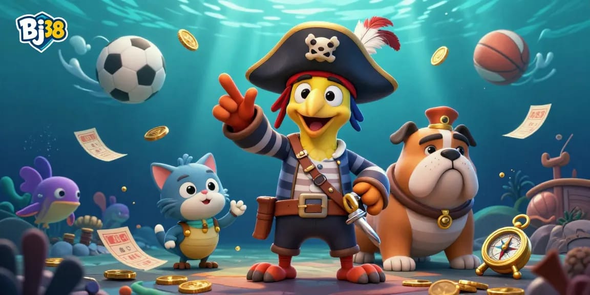 Bj38 pirates enjoy thrilling sea creature betting in a vibrant underwater scene with sports balls.
