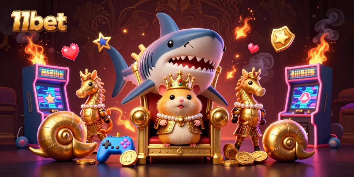 Engage in exciting gameplay at 11bet with dynamic gaming scenes featuring a golden hamster king on a megalodon throne.