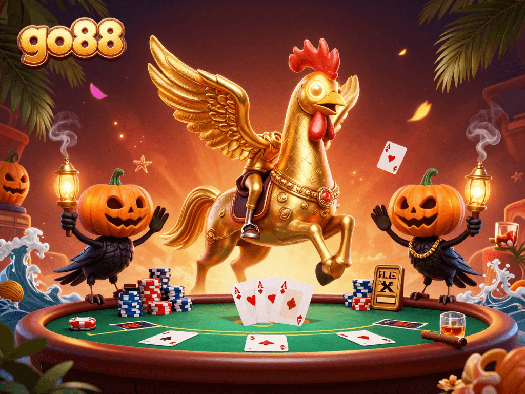 Engage with go88's vibrant casino scene featuring a golden rooster playing poker and exciting gaming elements.