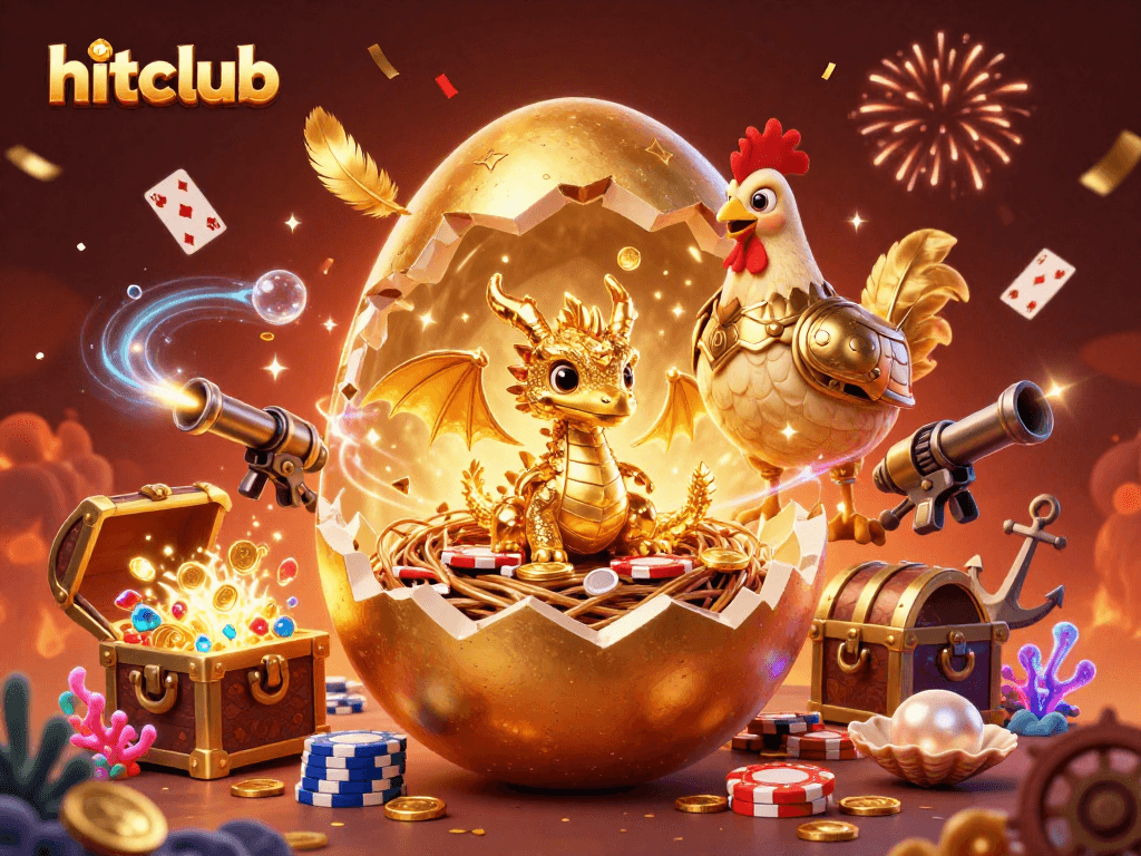Engage with hitclub's exciting world of casino games, showcasing a golden dragon and vibrant treasures.