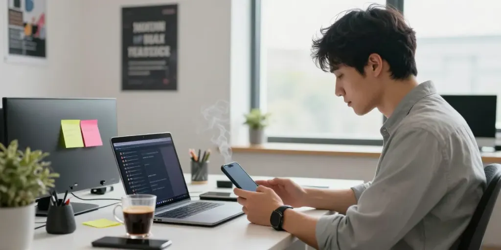 Engaging setup showcasing GBWhatsApp official features on smartphone while working in a modern, light-filled office.