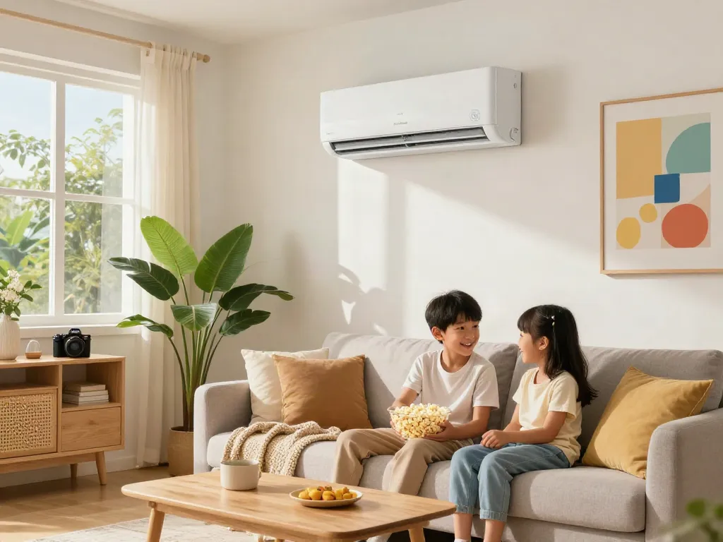 Family enjoying a movie night with a mini split air conditioner in a bright living room.