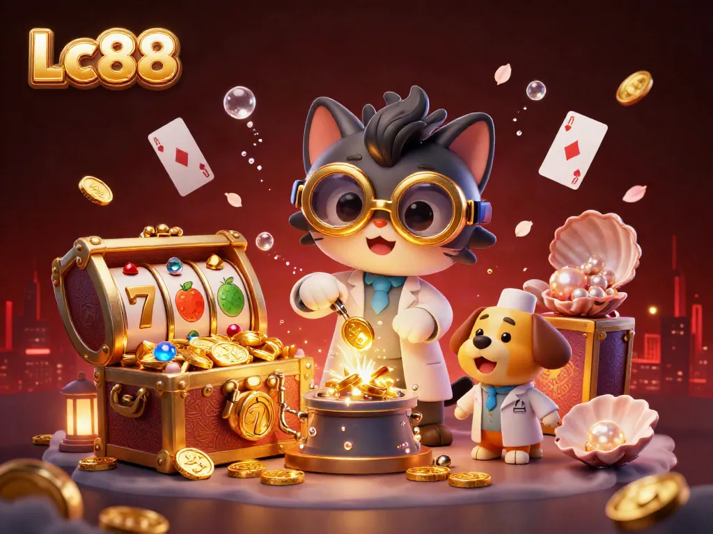 Experience thrilling excitement with Lc88 as a mad scientist cat and dog create gold coins in a vibrant casino scene.
