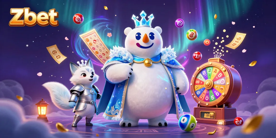 Experience thrilling gaming at Zbet with a captivating 3D polar bear and snow fox illustration featuring lottery elements.